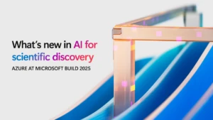 Decorate image with blue background and black and colored text that says "What's new in AI for scientific discovery"