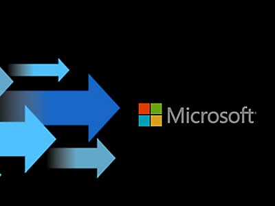 Microsoft data flow icon with arrows on black background.