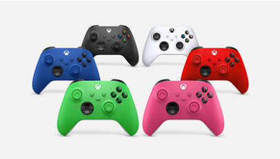 Een vooraanzicht van Xbox draadloze controllers in verschillende kleuren.