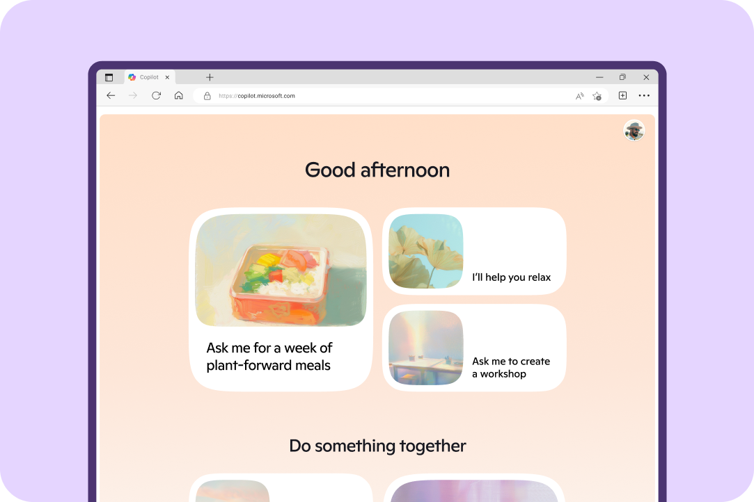 Copilot home page on a PC on a light purple background