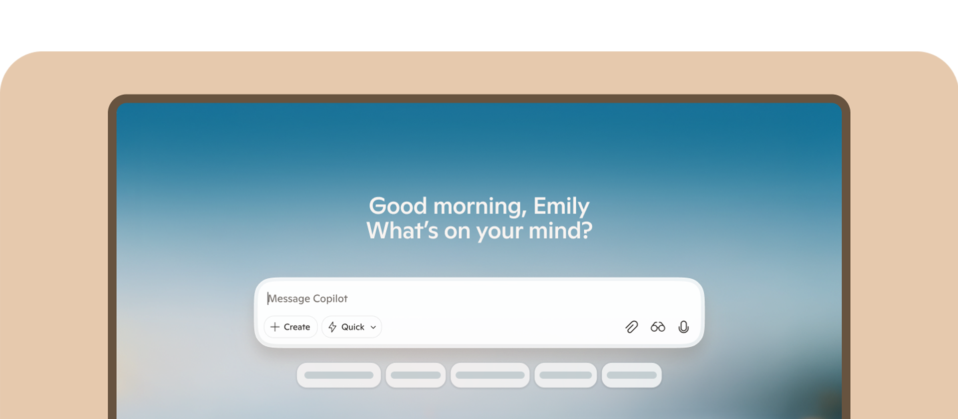 Copilot on Windows page showing a greeting and search bar on a blue gradient background, with buttons for Mac and Windows desktop apps