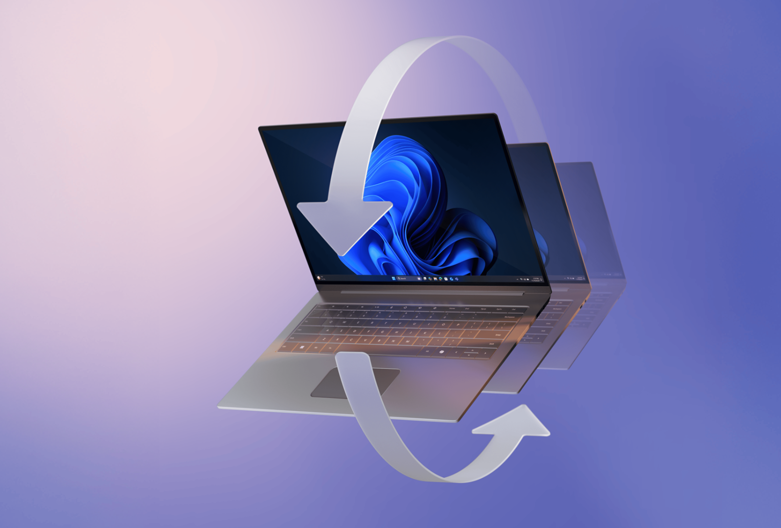 A laptop with a partially open lid displaying blue bloom wallpaper. Two large arrows form a circular motion around the device with a gradient of light pink and purple background.