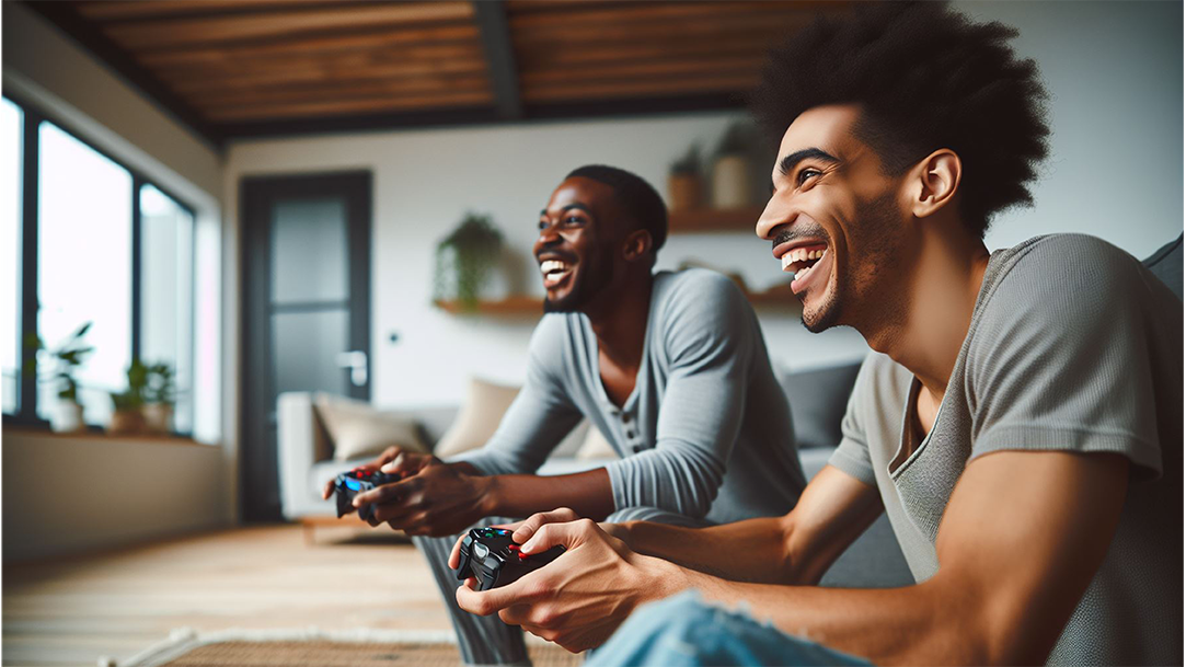 Two gamers on a couch laughing and playing video games