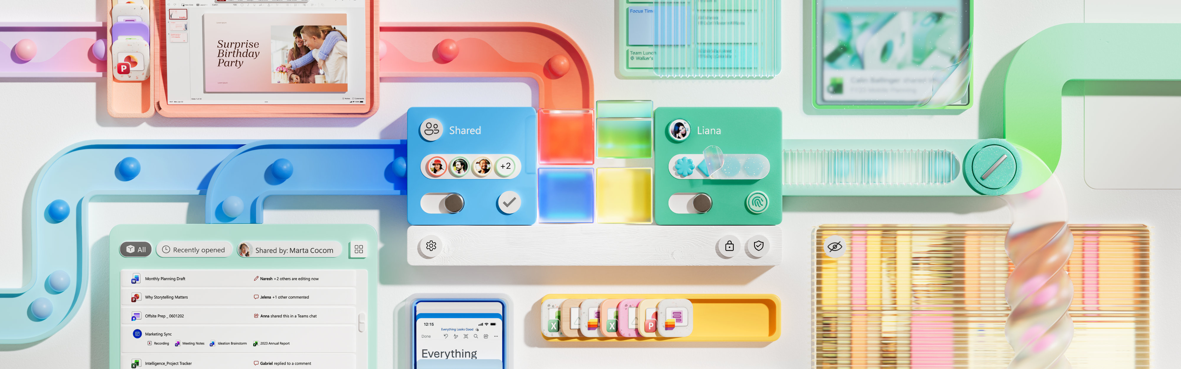 A collage of graphical user interface elements, including message bubbles, notification panels, and app screens. The elements join together in the center to form the Microsoft logo.