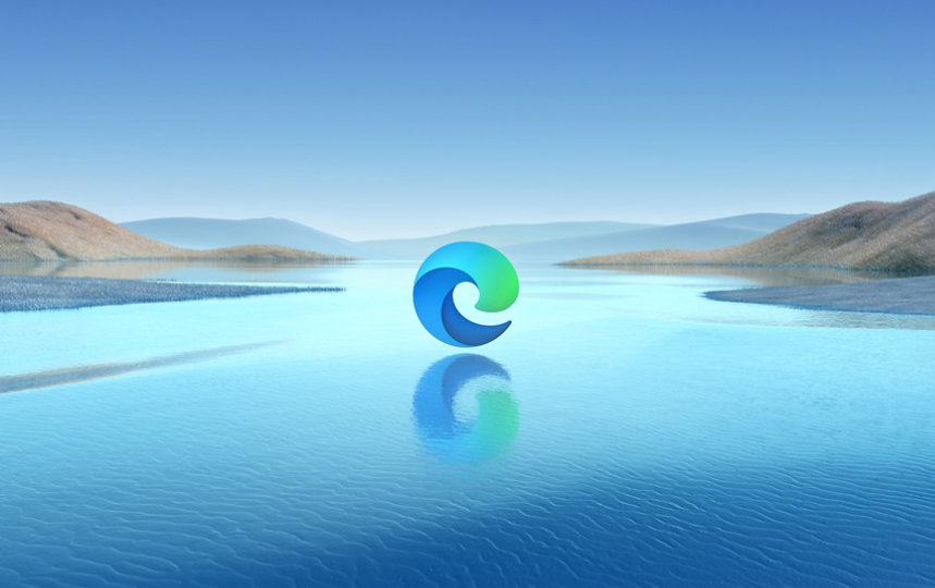 Een landschap met het Microsoft Edge-logo zwevend boven het water