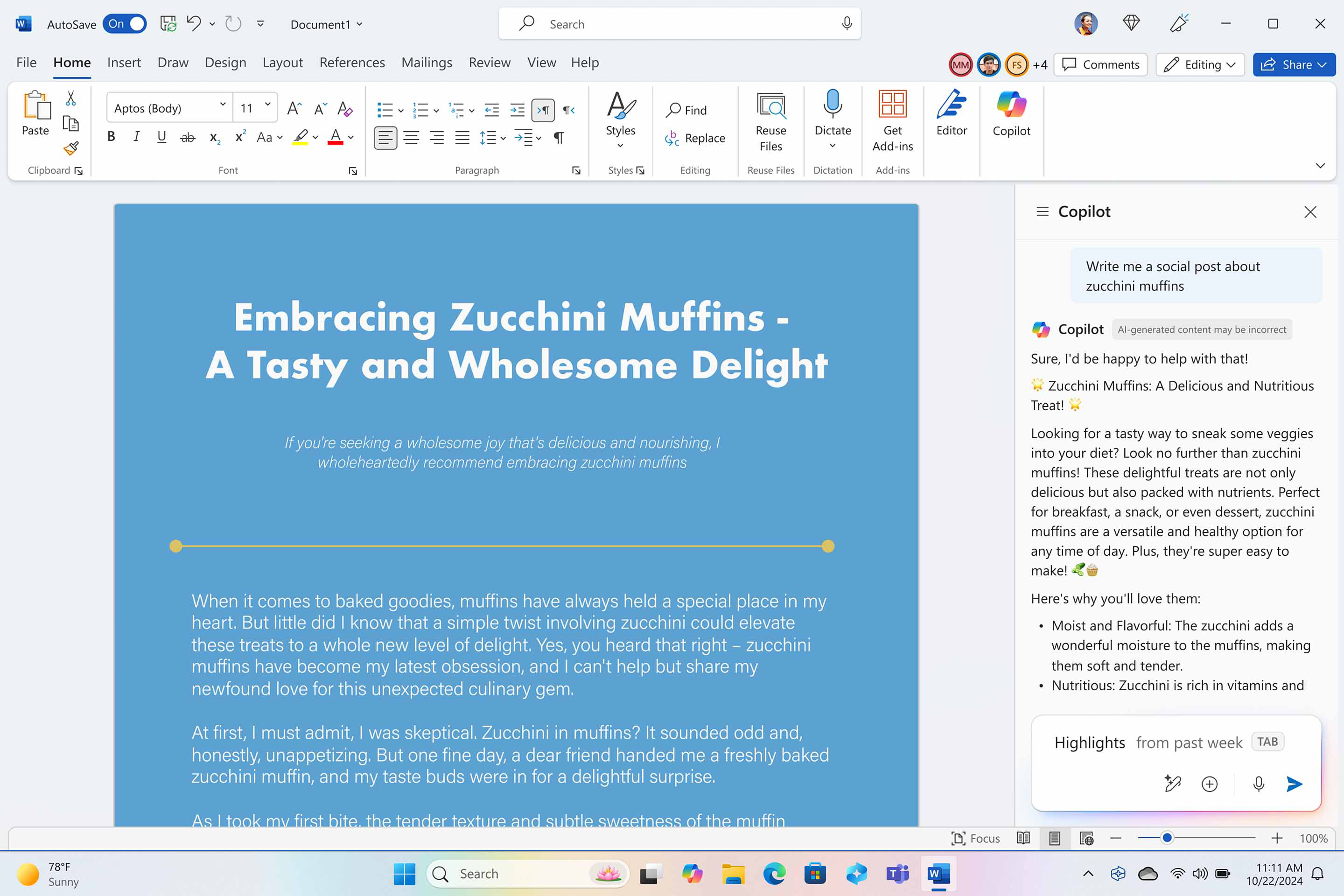 Word document opened to article about Zuchhini Muffins. Copilot panel opened on right side bar with suggestions about how to write social posts for zucchini muffins.