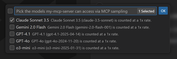 Screenshot that shows the Configure Model Access dialog for an MCP server.