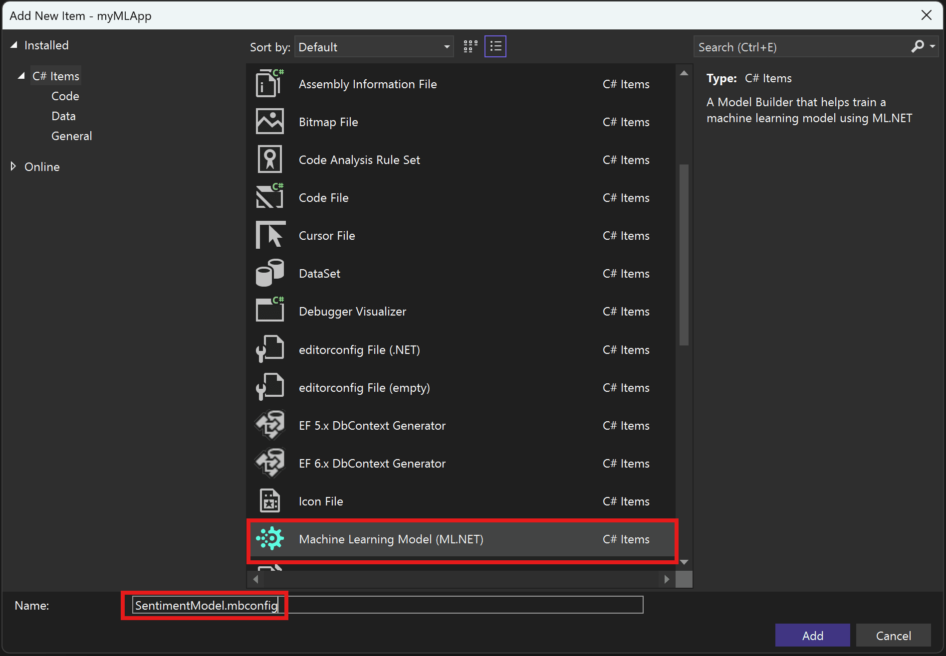 Add New Item dialog showing Machine Learning Model (ML.NET) selected and SentimentModel.mbconfig as the file name.