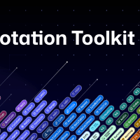 A dark gradient GitHub-branded graphic titled “Annotation Toolkit.” The image shows colorful rounded tags arranged diagonally upward, each labeled with different HTML and UI element names like ``, ``, ``, `Button`, `Tooltip`, and `Error`. Thin white connector lines extend from the tags, giving a futuristic data-visual feel. The GitHub logo appears in the top left corner.