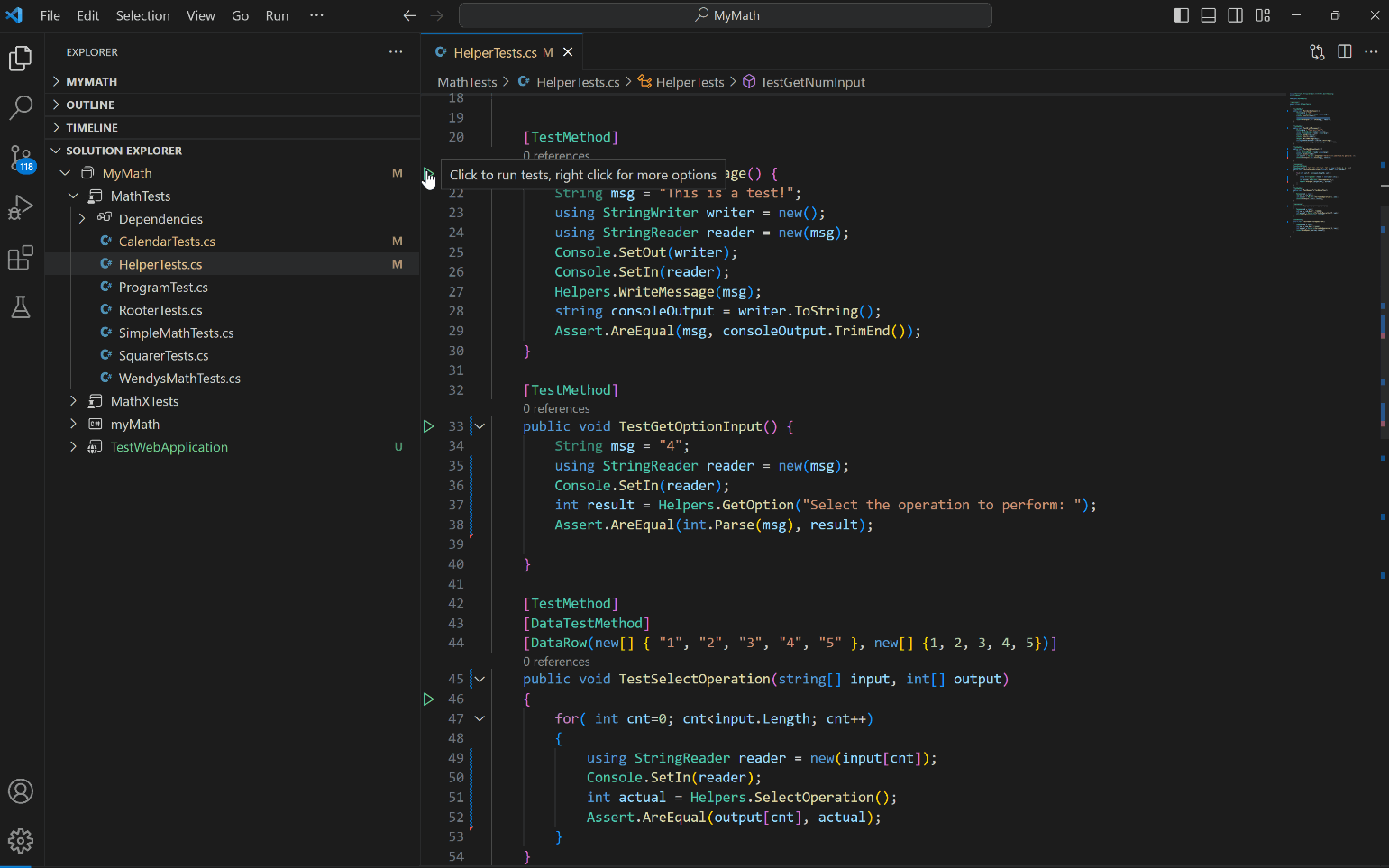 Animation showing C# Dev Kit's Test Explorer integration