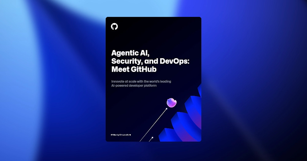 Dark-themed image with GitHub-inspired shapes and illustrations scattered across the background. Foreground text reads: "Generative AI, Security, and DevOps: Meet GitHub," followed by a subheading that says, "Empower your developer teams with the tools they need to work smarter, faster, and more collaboratively." The design emphasizes innovation and teamwork.