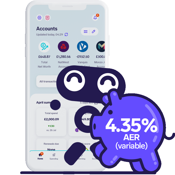 Snoop jumping for joy in front of the Snoop app home screen and a piggy-bank with a rate of 4.35% AER (variable)