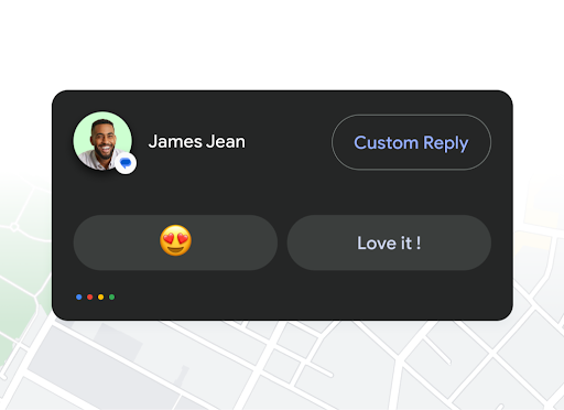 Een Smart Reply-scherm voor een contact met de naam James Jean toont een emoji met hartjesogen en de tekst 'Prachtig!'
