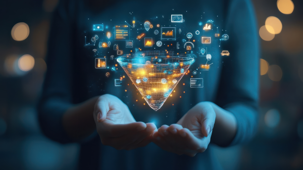 Person holding a glowing digital funnel surrounded by floating data icons, charts, and analytics symbols, representing data processing and visualization.