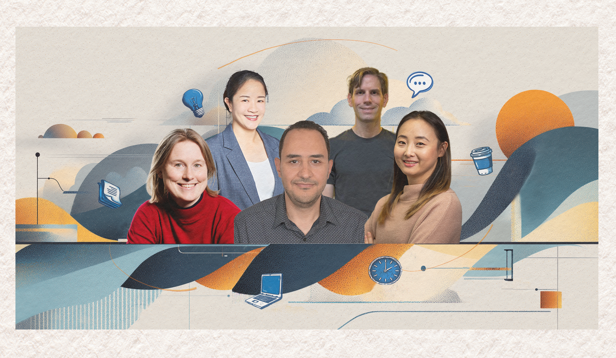 Five diverse professionals appear over a colorful, abstract background with icons for work and collaboration.