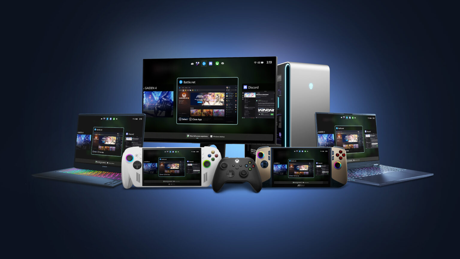 A collection of gaming devices and screens displaying the same Xbox interface, including laptops, handheld consoles, controllers, and a large monitor, all arranged against a dark blue gradient background to showcase cross-platform gaming.