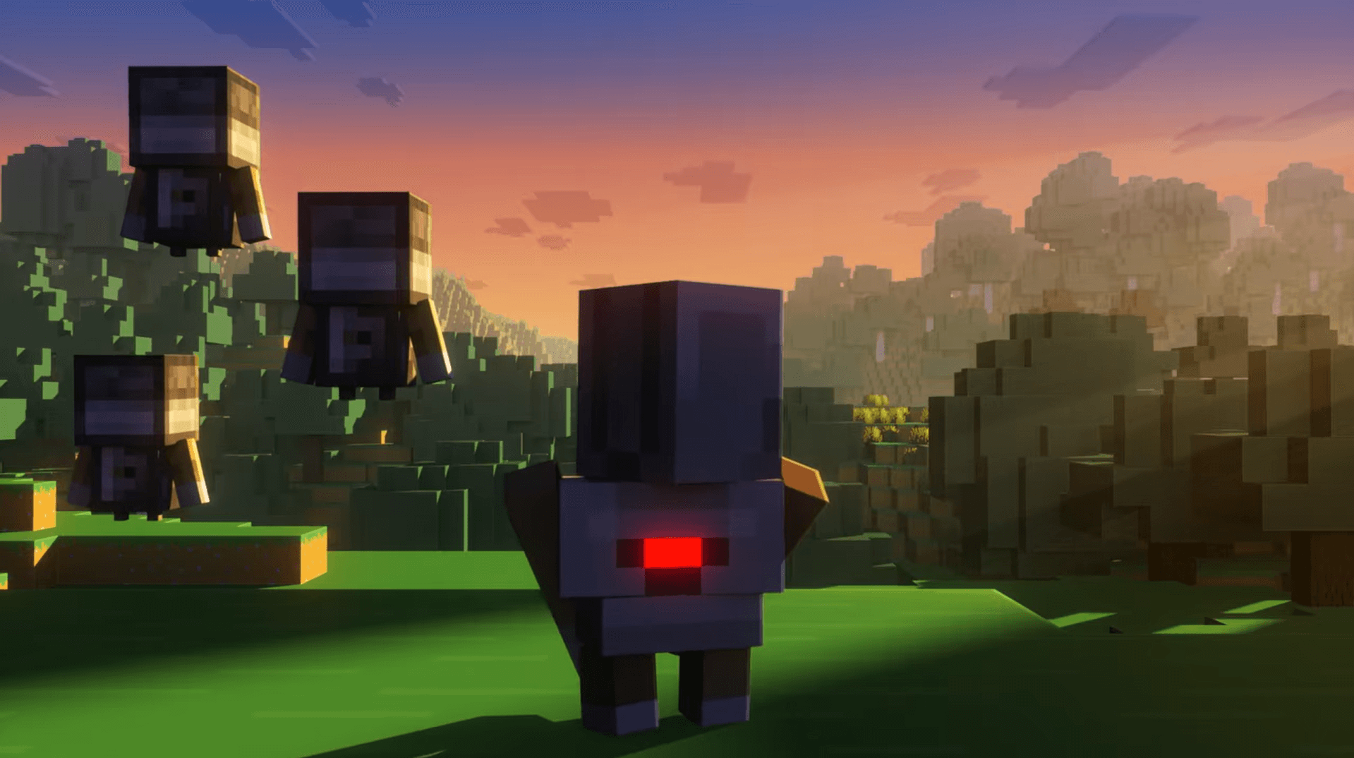 Blocky Minecraft agent with flying robots with glowing red lights at sunset in a forest.