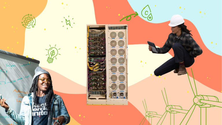 Imagen de un servidor con cables y componentes electrónicos, rodeado de dos personas trabajando y elementos gráficos de tecnología y energía renovable.