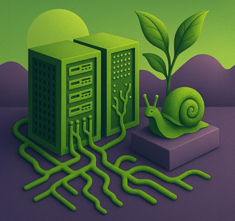 Illustration of a snail next to a growing plant and two racks of datacenter servers.
