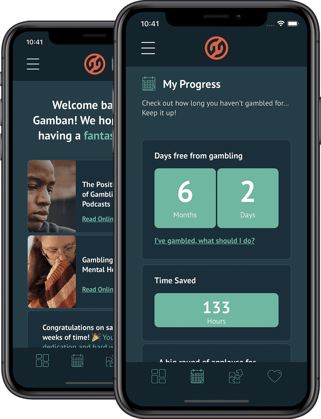 A phone displaying the home screen and my progress screen on the Gamban mobile app