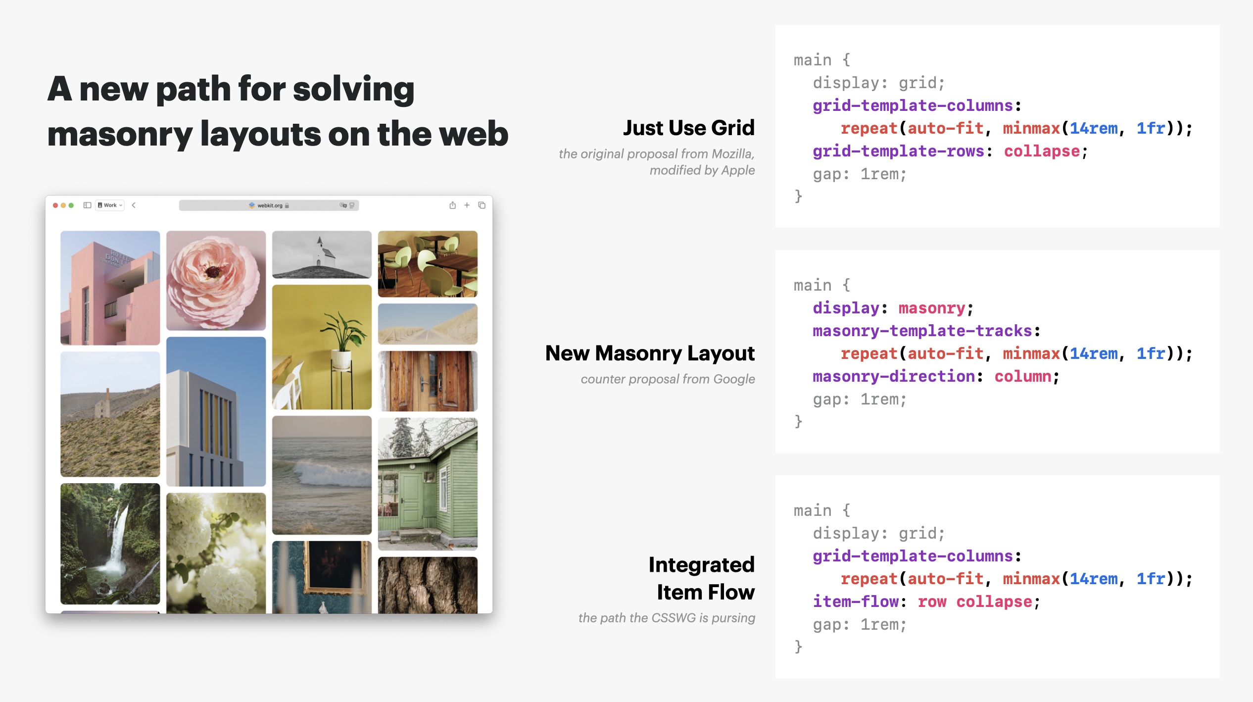 The three options for CSS Masonry.