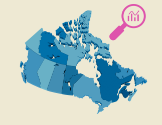 Map of Canada with icon of a magnifying glass circling a data trend. 