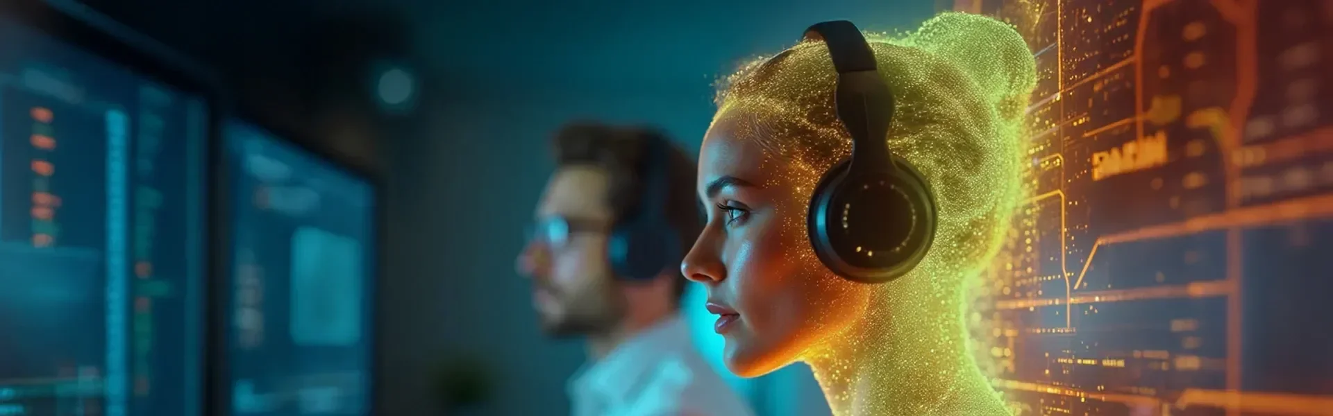 A woman with headphones and glowing digital graphics, focused on data screens.