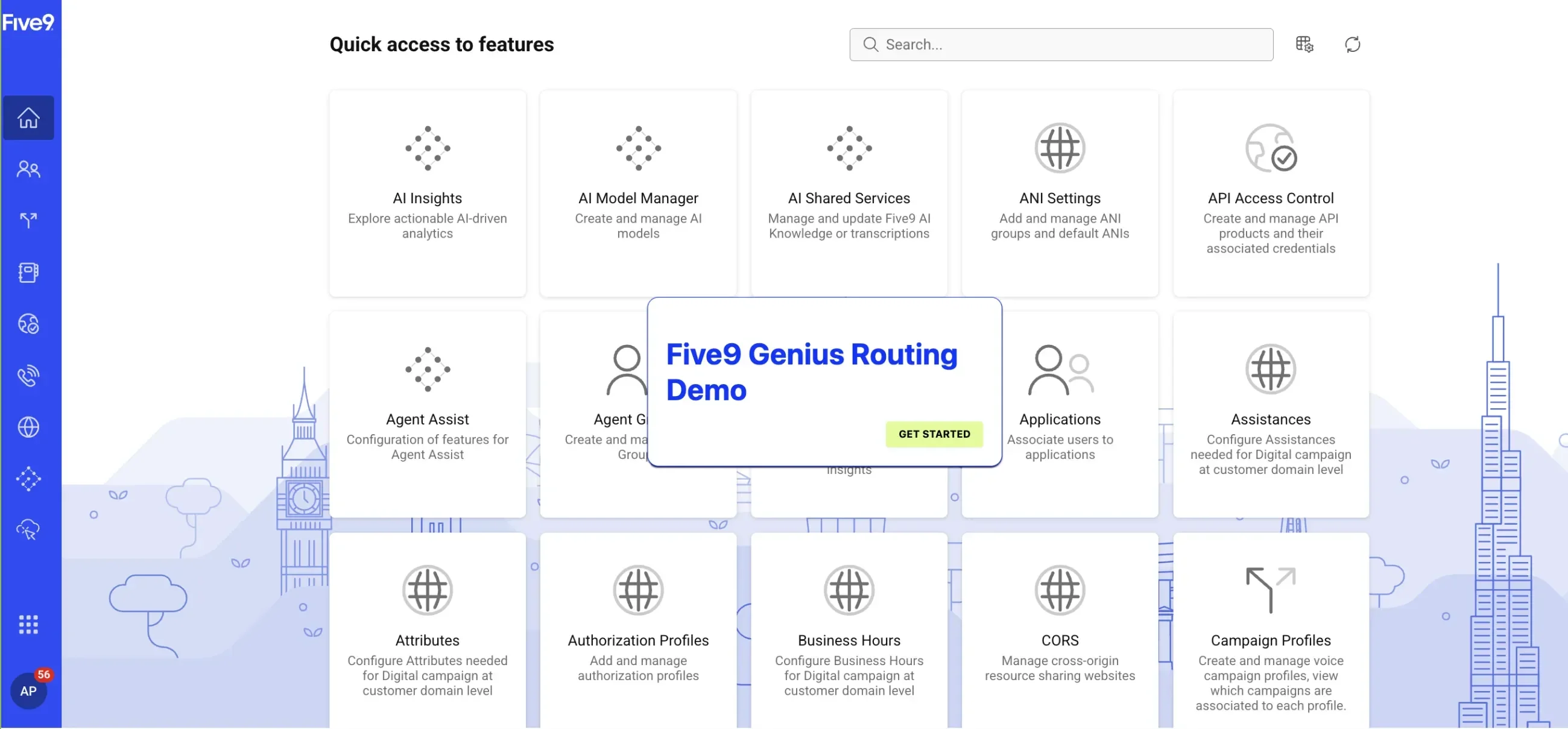 Dashboard displaying various feature icons with a highlighted "Flowchart Sorting" option.