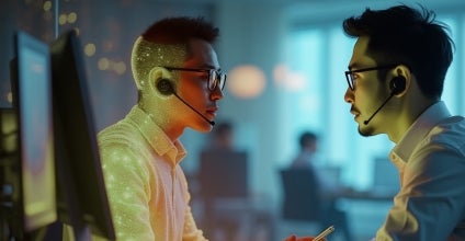 Two men wearing headsets engage in a focused conversation in a dimly lit office.