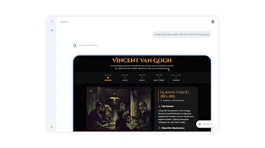 The Gemini app interface showing a user request to "Create a Van Gogh gallery with life context." The result is a dynamic, dark-themed exhibit focusing on the "Nuenen Period" (1883-1885) and featuring a Van Gogh painting.