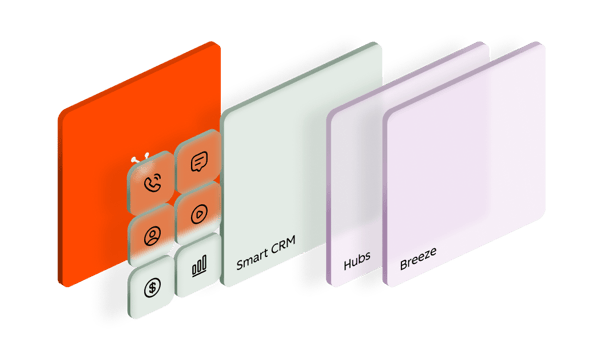 Shows the products that make up the HubSpot customer platform, starting with Smart CRM (highlighted in this image), then the hub engagement products, then Breeze, HubSpot's AI.
