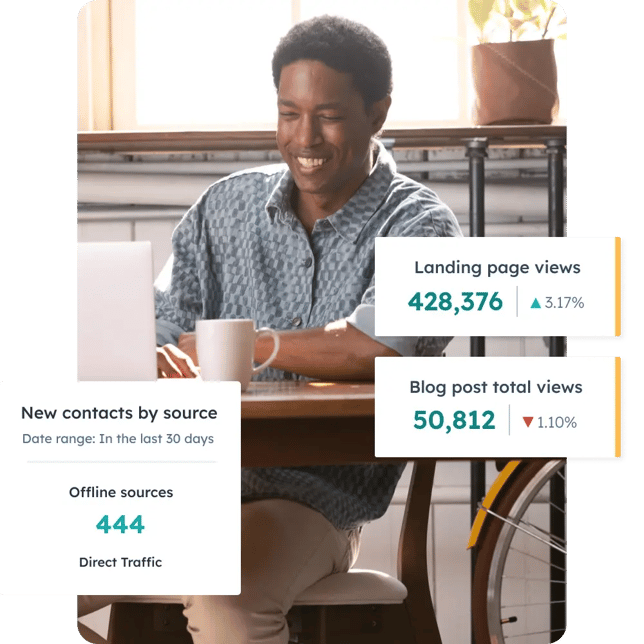 HubSpot user viewing metrics inside HubSpot Starter, including contacts by source, landing page views, and blog post views