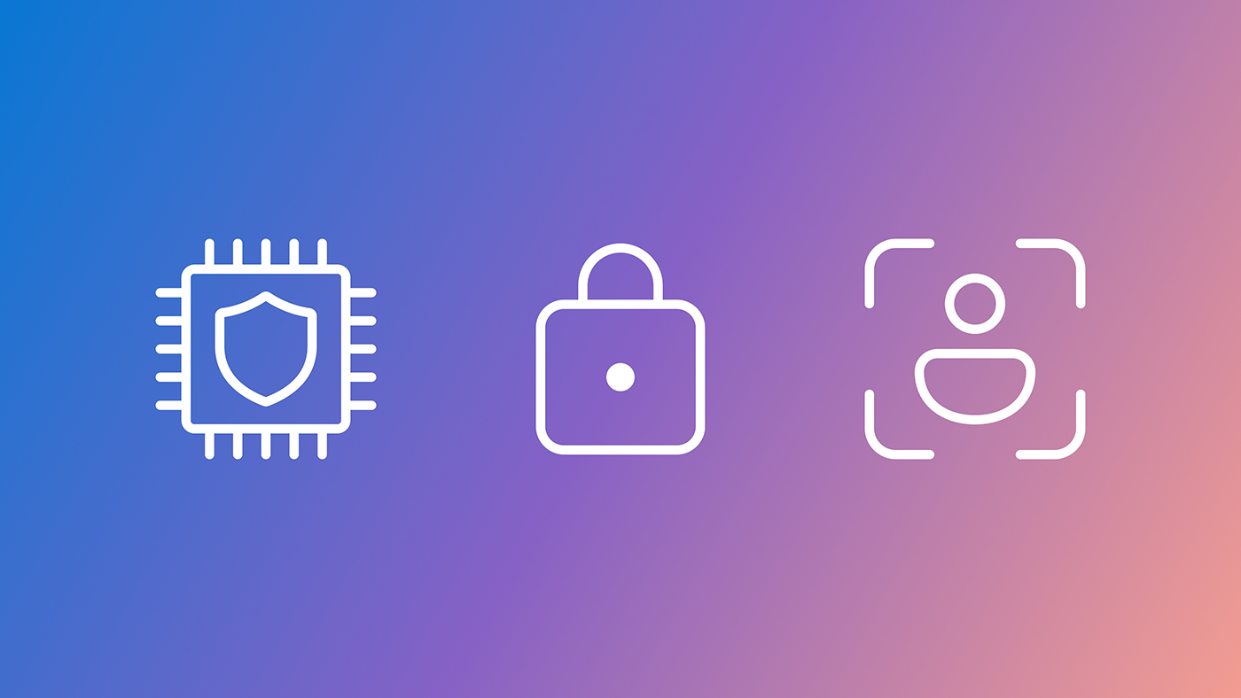 Three white line icons on a gradient background transitioning from blue to pink. From left to right: icon representing a computer chip, padlock icon, an avatar icon